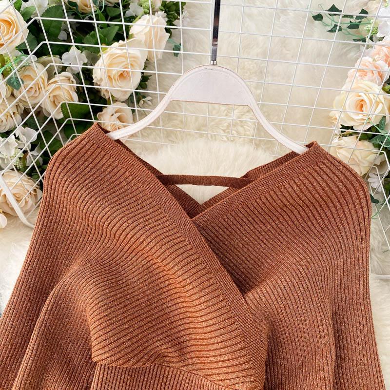 Весенний новый модный костюм в иностранном стиле с v-образным вырезом и рукавами «летучая мышь», вязаный свитер, женская юбка с высокой талией и запахом, комплект из двух предметов