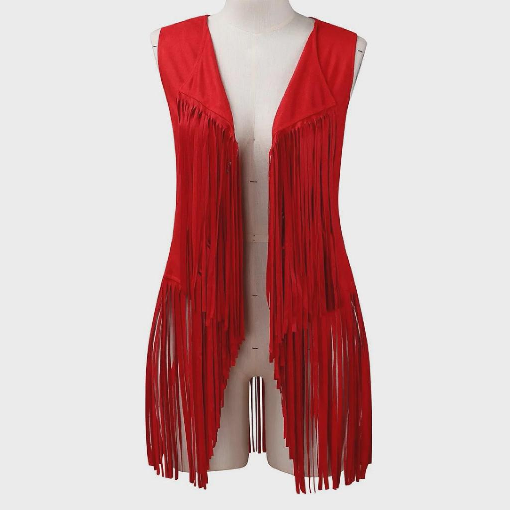 Женский летний жилет из оленьей кожи с кисточками: Однотонный, без рукавов, повседневный кардиган-топ