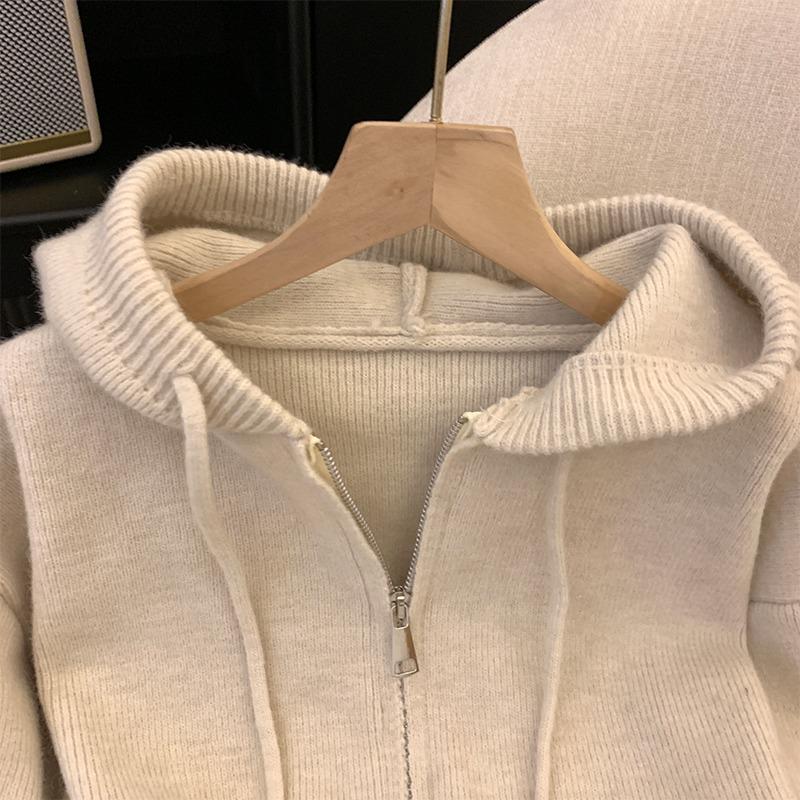 Осенне-зимний свободный свитер-кардиган с капюшоном на молнии для женщин, модные повседневные вязаные кардиганы, куртки, женские элегантные приталенные теплые трикотажные пальто 25465