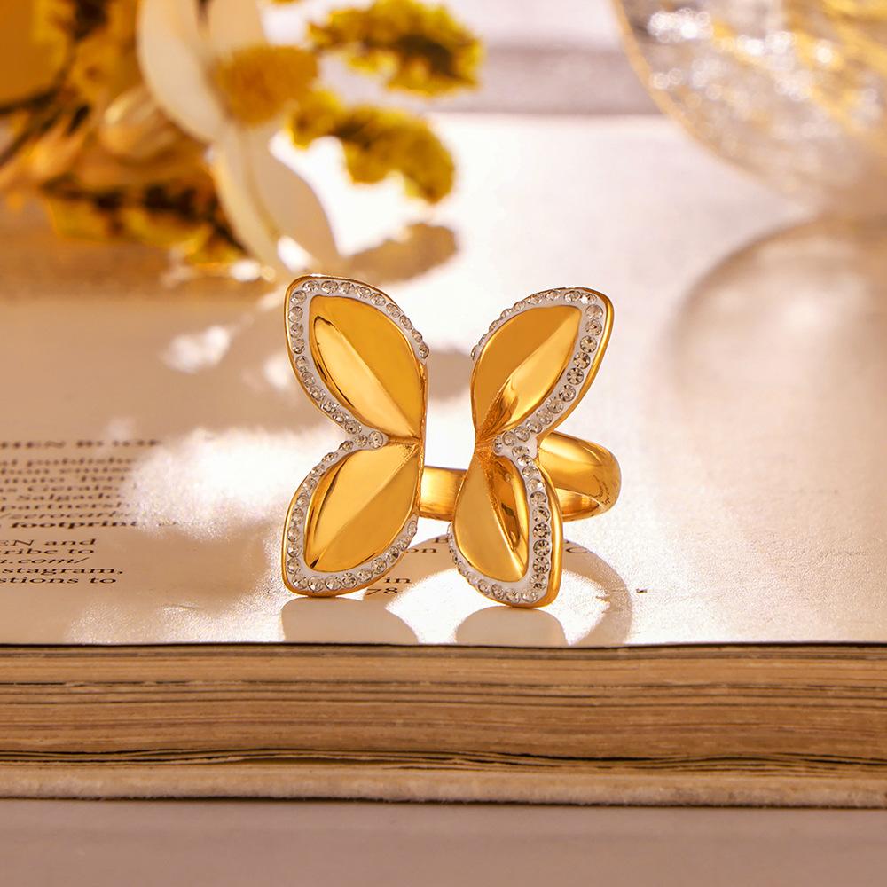 Кольцо с бриллиантами в виде цветка и бабочки ветра, нишевое ювелирное украшение в виде насекомого, дизайн с отверстием, титановая сталь, покрытая золотом 18 карат