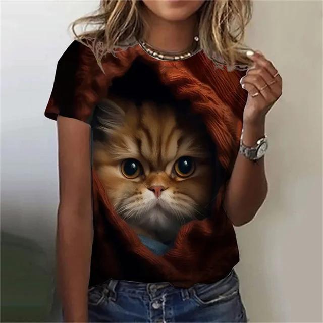 Модная женская футболка с 3D принтом Kawaii Cat Pattern, топ с короткими рукавами и круглым вырезом, летняя уличная повседневная уличная простая одежда