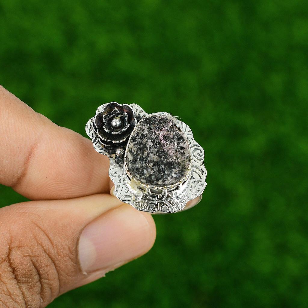 Pear Natural Titanium Druzy Wedding Promise Sister Bezel Ethnic Ring 925 Silver