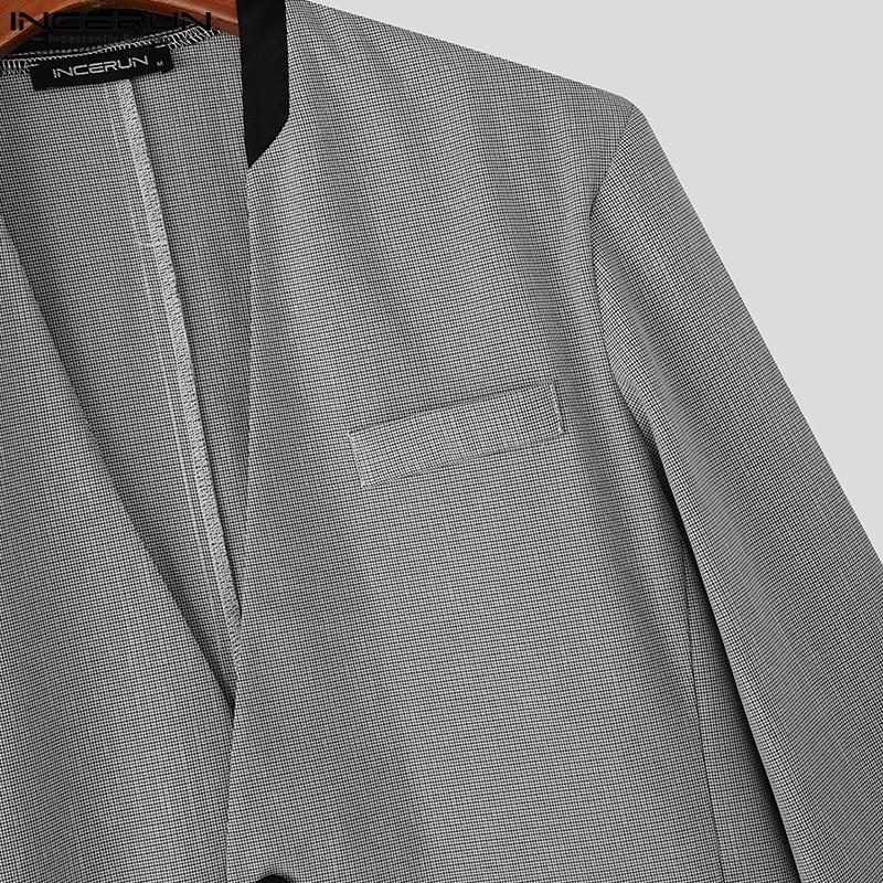 INCERUN Oversized Men V Neck Long Sleeve Plaid Print Casual Loose Thin Blazer Coats