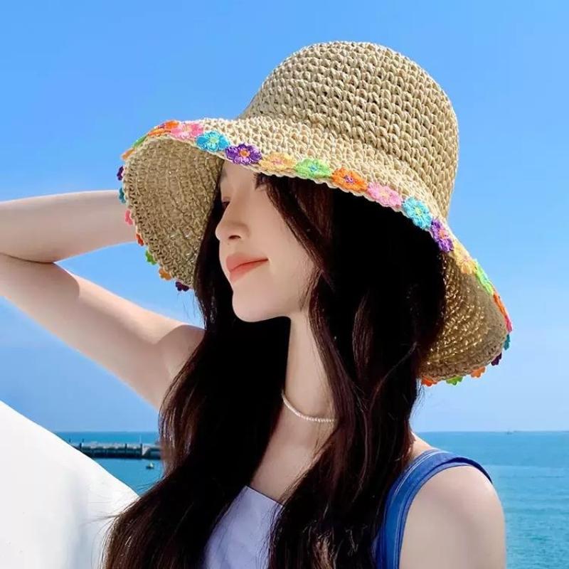 Feminine Flower Straw Fisherman Hat Summer Sun Protection Wide Brim Breathable for Beach Vacation