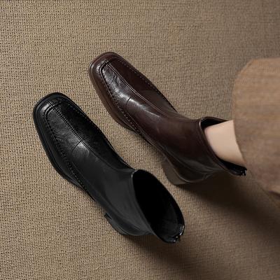 Мода 2025 Осень Женские Сапоги Квадратный Носок Массивный Каблук Стрейч Кожа Женская Обувь Короткие Современные Сапоги Зима До середины икры Высокий Каблук Сапоги