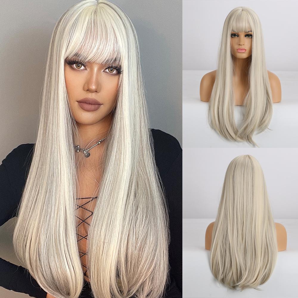 Inhaircube Коричневый и Блондовый Ombre Синтетические парики Длинные прямые реалистичные волосы Косплей Ежедневный парик с челкой для женщин