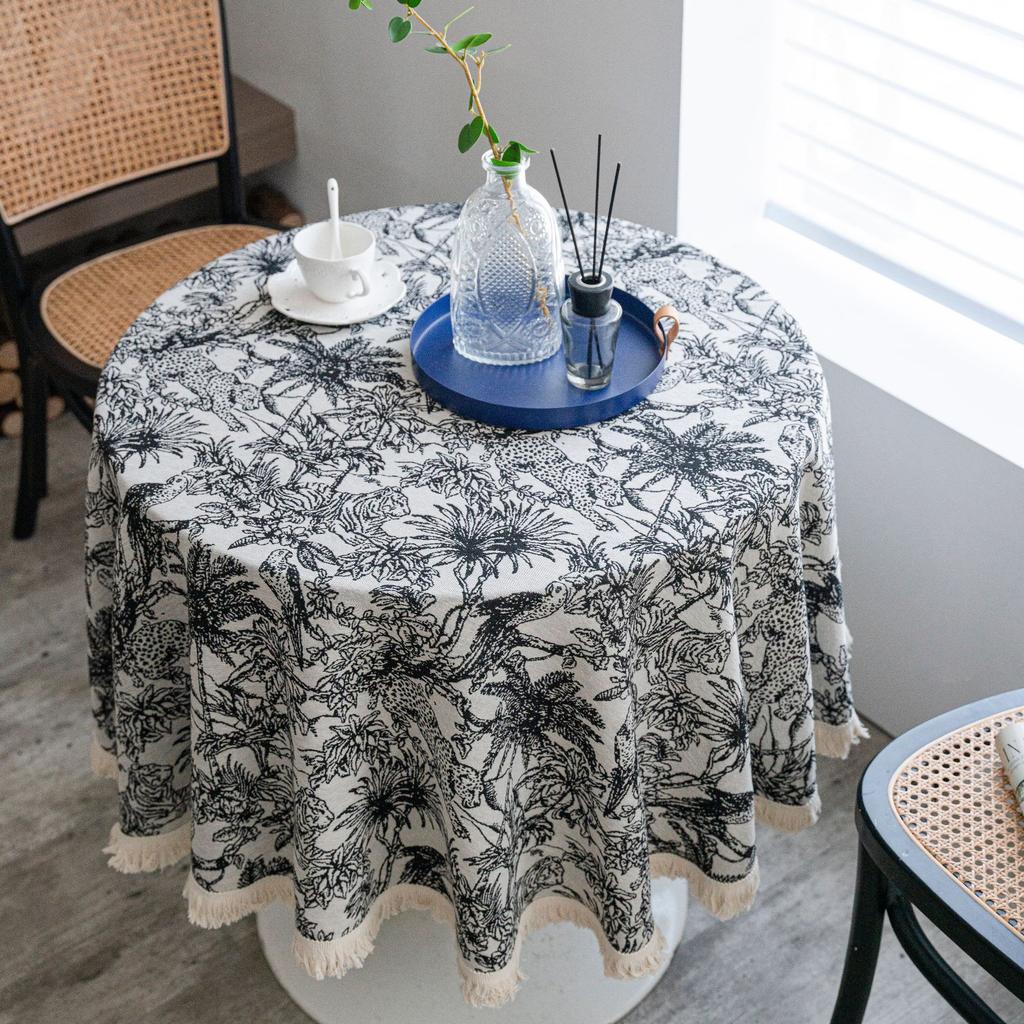 Floral Round Tablecloth with Tassels Diameter – Light Blue Polyester Jacquard Design, Decorative Lace and Fringe Detail for Dining