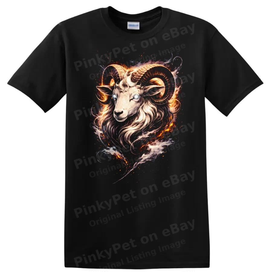 Ram Head Fire Artistic T Shirt Wild Animal Graphic Tee Fire Design