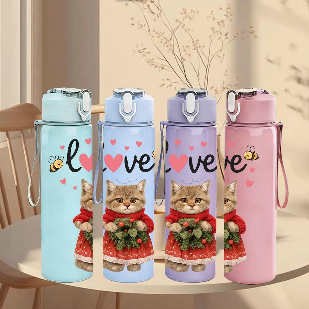 1PC Love Cat Holding Flower 750ml Color Plastic Sports Water Bottle Leakproof Flip Straw Lid Suitable for Sports Office Home Use