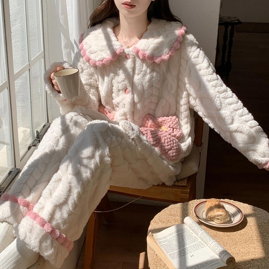 Пижама женская зимняя толстая коралловая бархатная сладкая и милая пшеничная кукольная воротник принцесса ветер кардиган стиль домашняя одежда которую можно носить