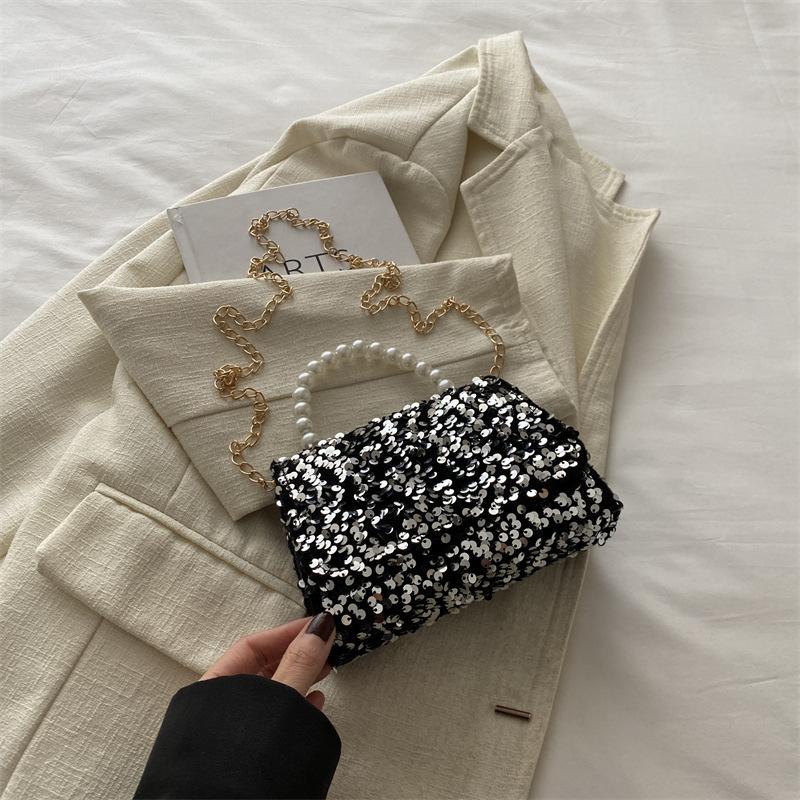 Foreign Style Simple Sequined Pearl Handbag Spring And Summer Versatile Chain Messenger Bag Small Square Bag Women