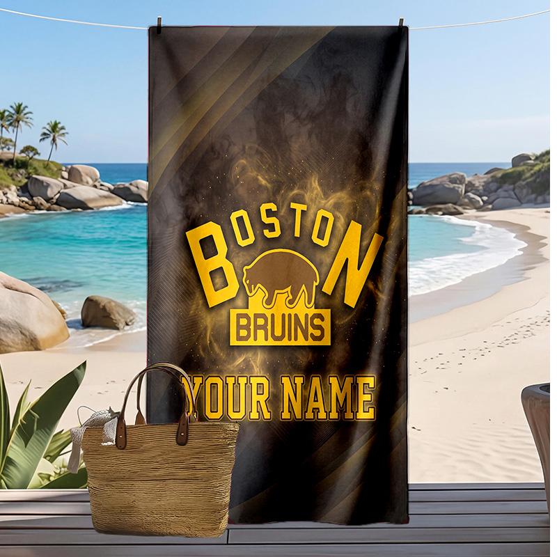Boston Bruins Custom Beach Towel, Print Your Name Text Lightweight Absorbent Towel for Swimming Travel