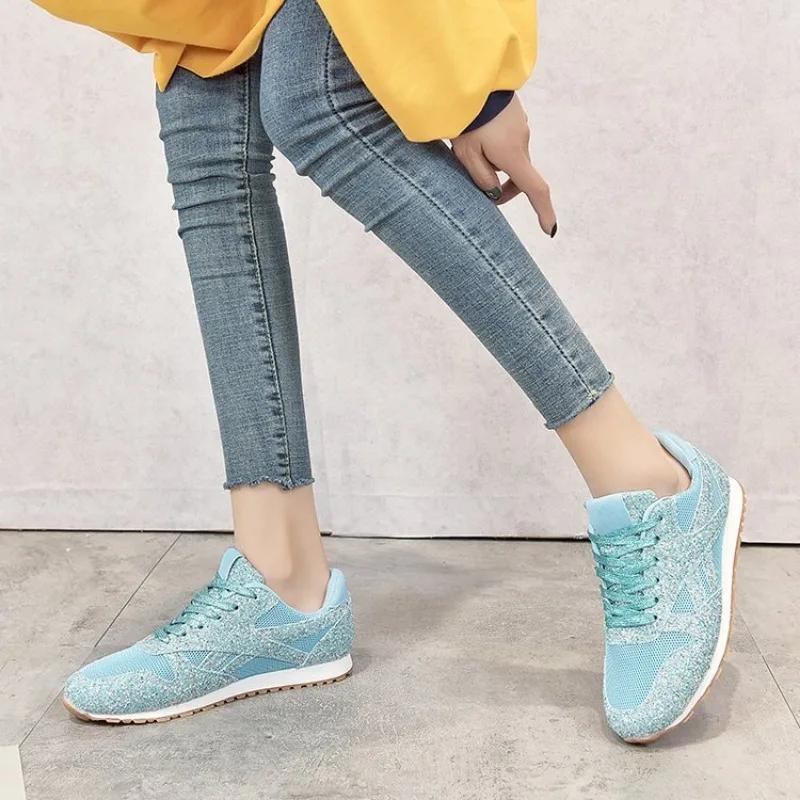 Женские кроссовки, блестящие, осенние, балетки, размер плюс 43, сетчатые, дышащие, женские, теннисные, кроссовки, женские, на платформе