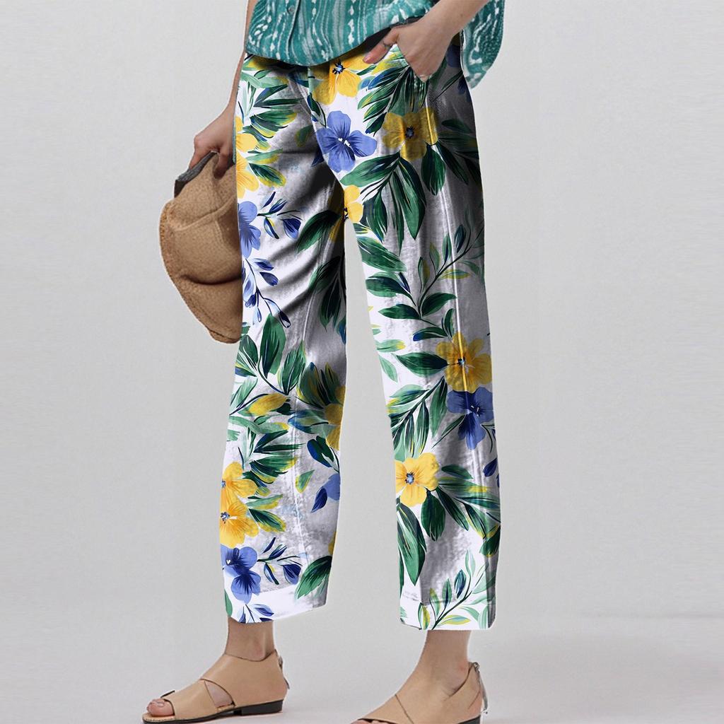 Women's Fashionable Floral Print Straight Leg Pocket Elastic Waist Casual Pants Pants