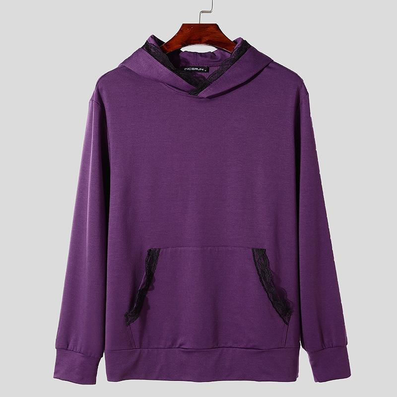 INCERUN Мужские толстовки с капюшоном с длинным рукавом и кружевным подолом, повседневные толстовки с капюшоном