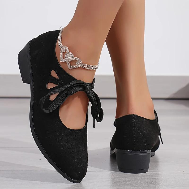 Мода 2025 Винтажные Туфли-лодочки на толстом каблуке со шнуровкой Женская обувь 2025 Весна Остроносые туфли Мэри Джейн Женские Большого размера Замшевые туфли-лодочки 43