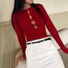 Women Solid Casual Bow Tie Hollow Shirt Tops Sexy Soft Long Sleeve T-shirt Versatile Street Fit Tops