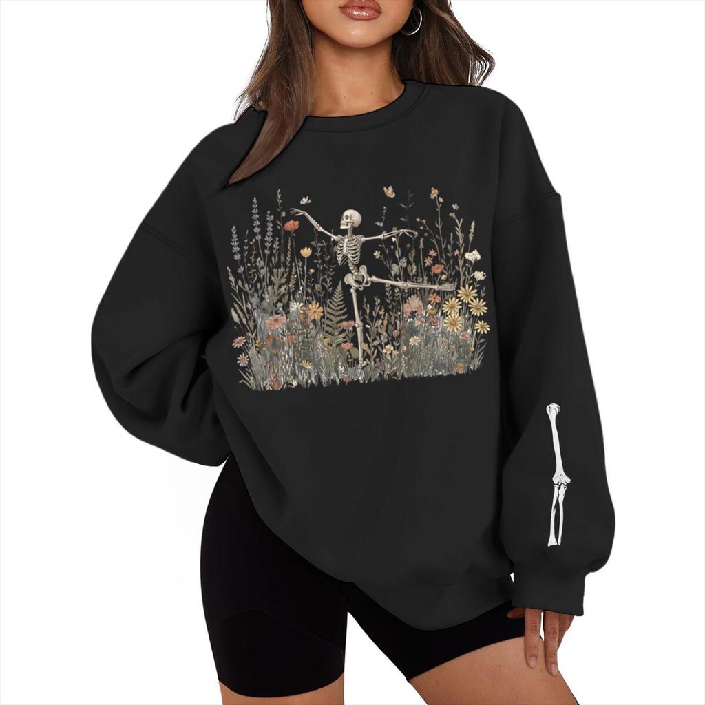 Halloween Skeleton Graveyard Print Sweatshirt Vintage Spooky Season Streetwear Fun Halloween Pullover For Men Women