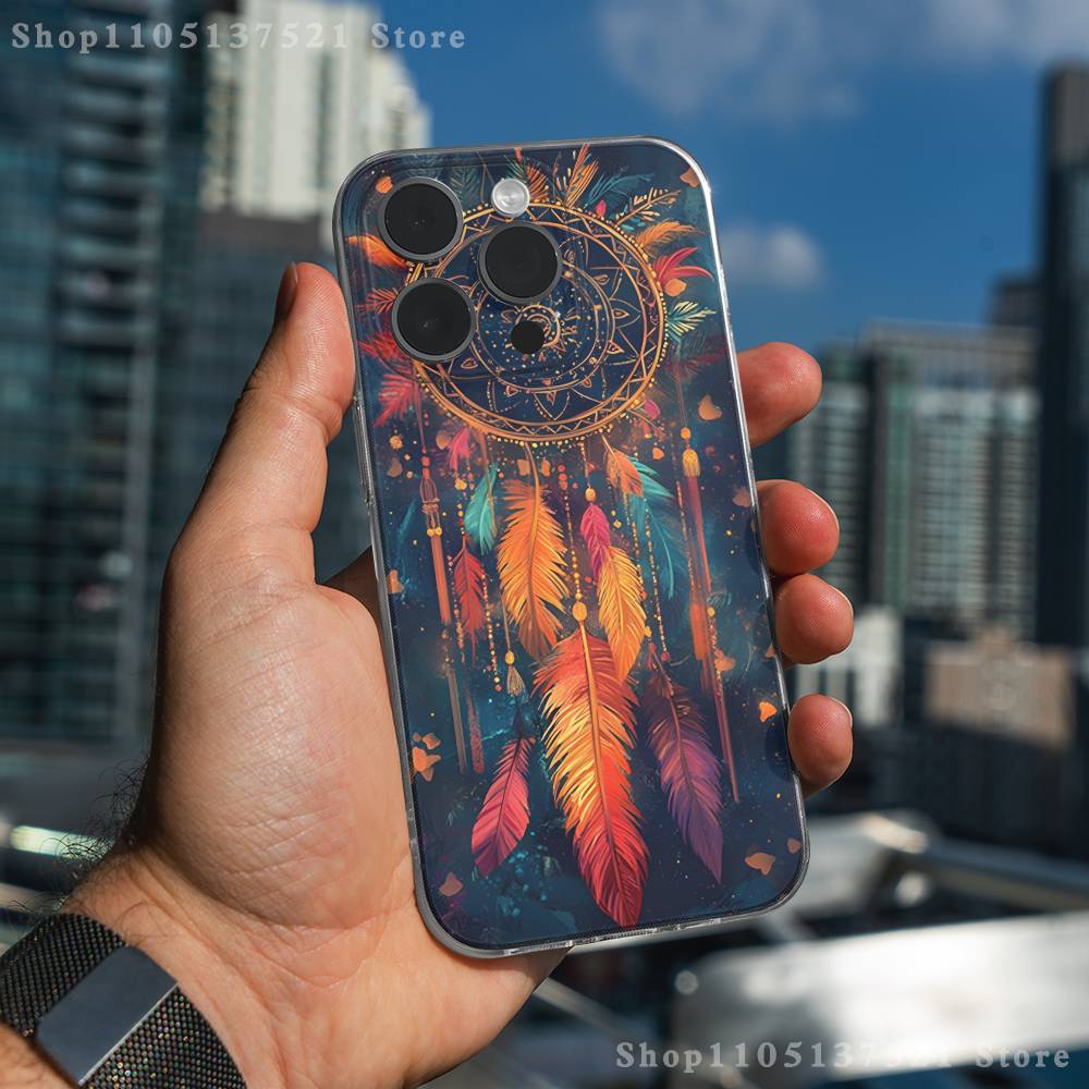 Feather Art Dreamcatcher Phone Case For iPhone 17,16,15,14,13,12,11 Pro,Max,Plus,X,XS,XR,SE4,E Mini Transparent Soft Cover