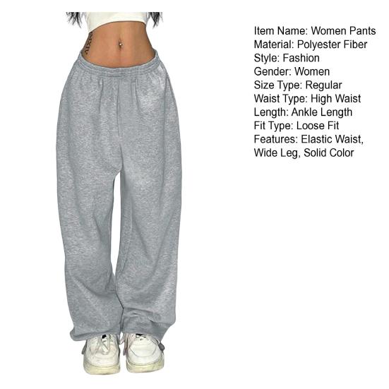 Women Long Pants Hip Hop Style Elastic High Waist Wide Leg Pants Solid Color Loose Fit Casual Trousers Daily Wear