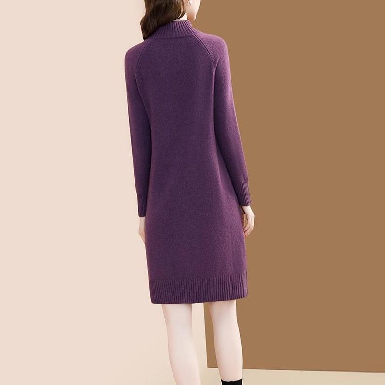 Модное платье-свитер для женщин Универсальное трикотажное базовое платье с полувысоким воротом Повседневный пуловер