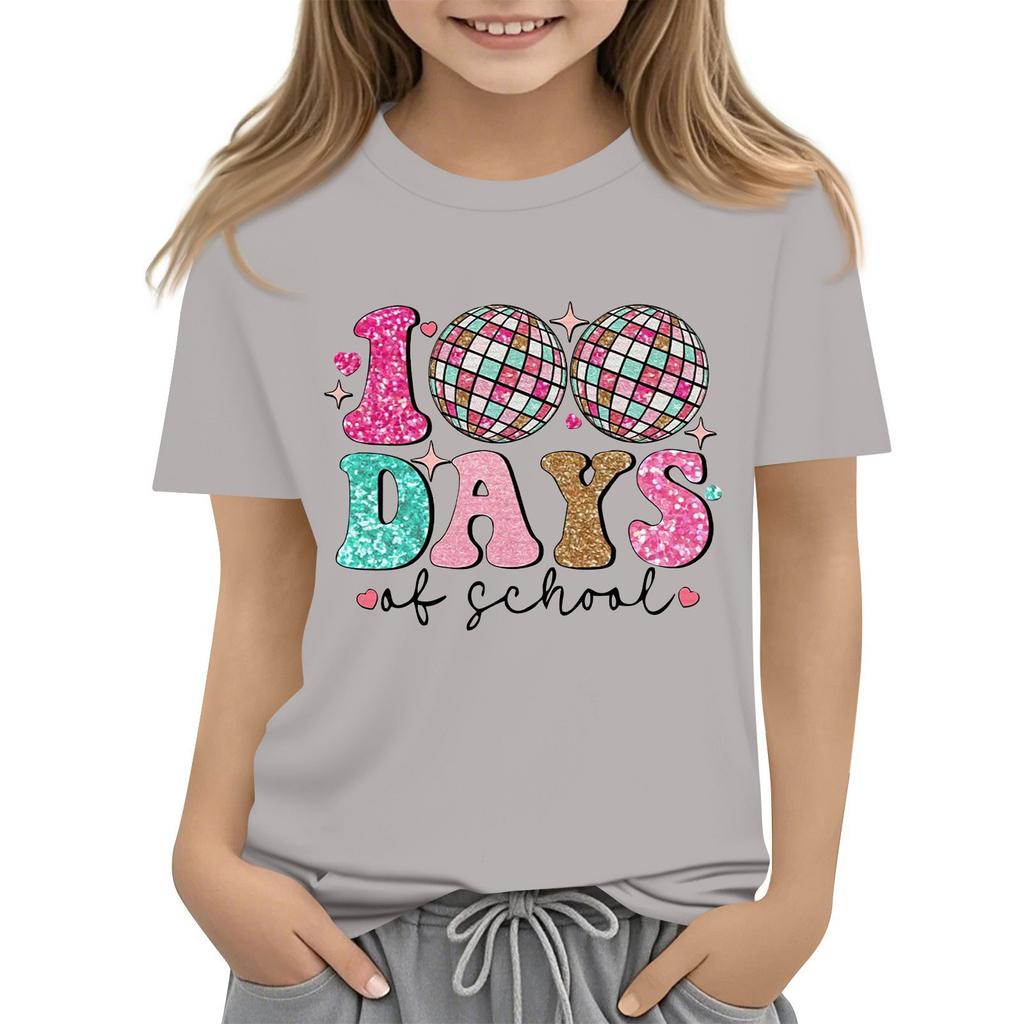 Happy 100th Day Of School Girls Boys Short Sleeve T Shirts Kids Tops Crewneck Tees