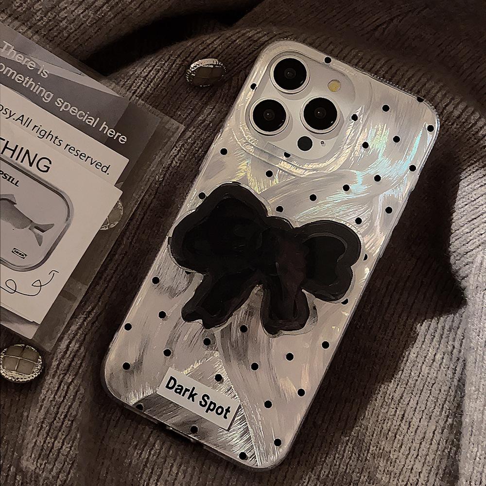 Ins Feather Gauze Polka Dot Black Bow Phone Case for Apple 17pro Max Stand for IPhone16 for 15