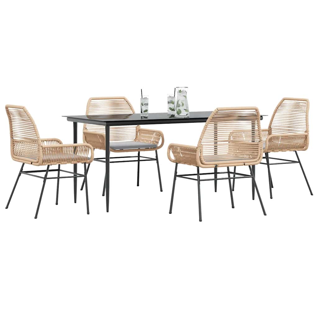 5 Piece Outdoor Dining Set with Cushions Brown Poly Rattan & Glass