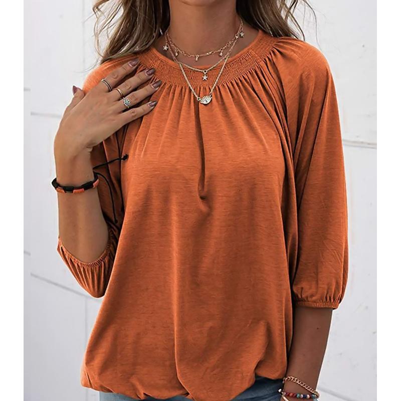 Новинка 2024 года, осенний женский повседневный свободный плиссированный однотонный пуловер с круглым вырезом и рукавом три четверти, топ