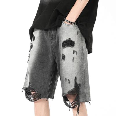 Мужские джинсовые шорты, летние тонкие прямые капри, модный бренд для активного отдыха, потертые кисточки, свободные повседневные брюки для нищих