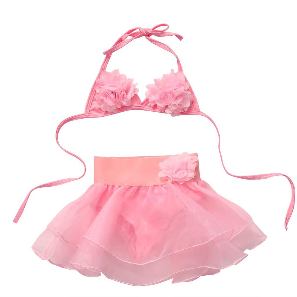 2Pcs Baby Summer Swimwear, Solid-Color Hanging-Neck Floral Top + Tutu Skirt