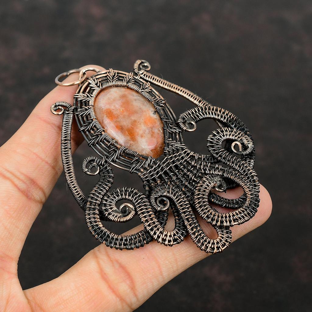 Кулон из солнечного камня, кулон, обернутый медной проволокой, кулон с драгоценным камнем, кулон в виде осьминога, украшения, обернутые проволокой, кулон ручной работы, медные украшения, подарки на годовщину