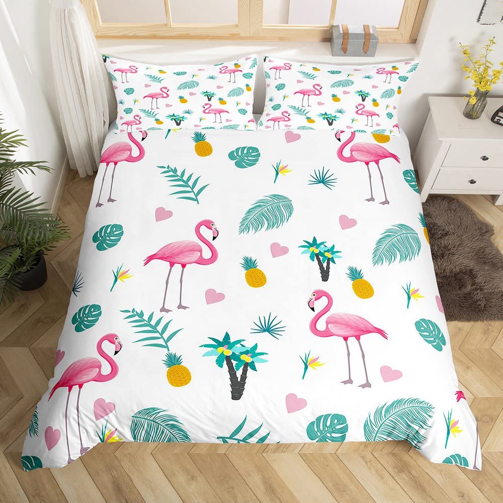 Flamingo Duvet Cover Set Tropical Animal Flamingo Pattern Bedding Set For Kids Boys Girls Soft Microfiber King Comforter Cover