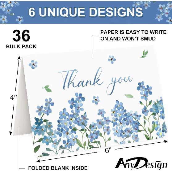 AnyDesign 36 Pack Blue Floral Thank You Cards Bulk Forget-Me-Not Myosotis Sylvatica Flower Greeting Cards with Envelope Sticker Thank You Note Cards