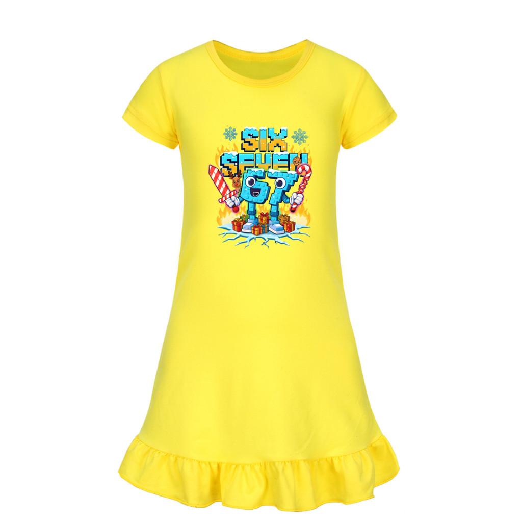 5193 Детское Платье для Девочек Steal a Brainrot 67 Six Seven с Принтом и Короткими Рукавами с Рюшами