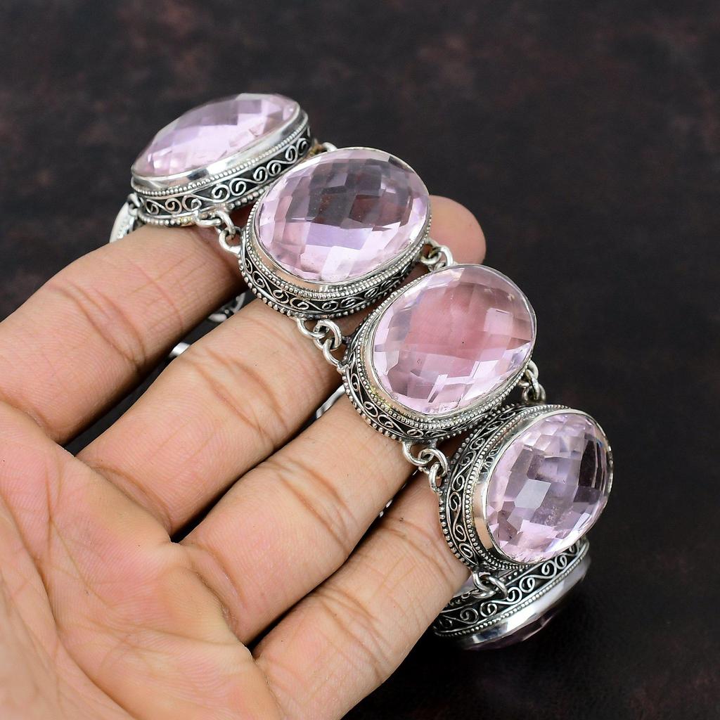 Браслет из ограненного розового кунцита из стерлингового серебра 925 пробы, ювелирные изделия ручной работы, регулируемый браслет-цепочка, винтажный браслет, подарок для него