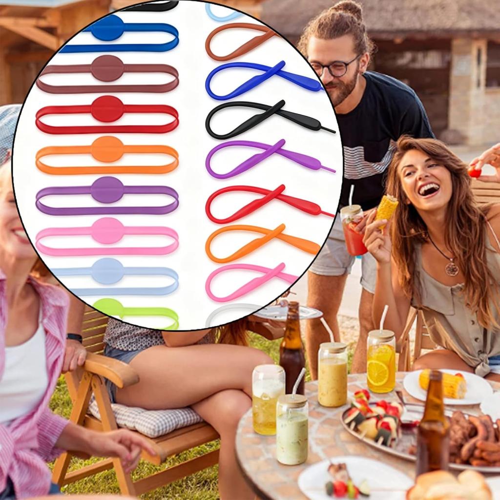 24 Pack Silicone Drink Marker Bands, Reble Stretchable Drink Glass Markers with 2 Styles for Cups, Mugs, Beer Bottles, Cocktail Glasses - 12 Colors