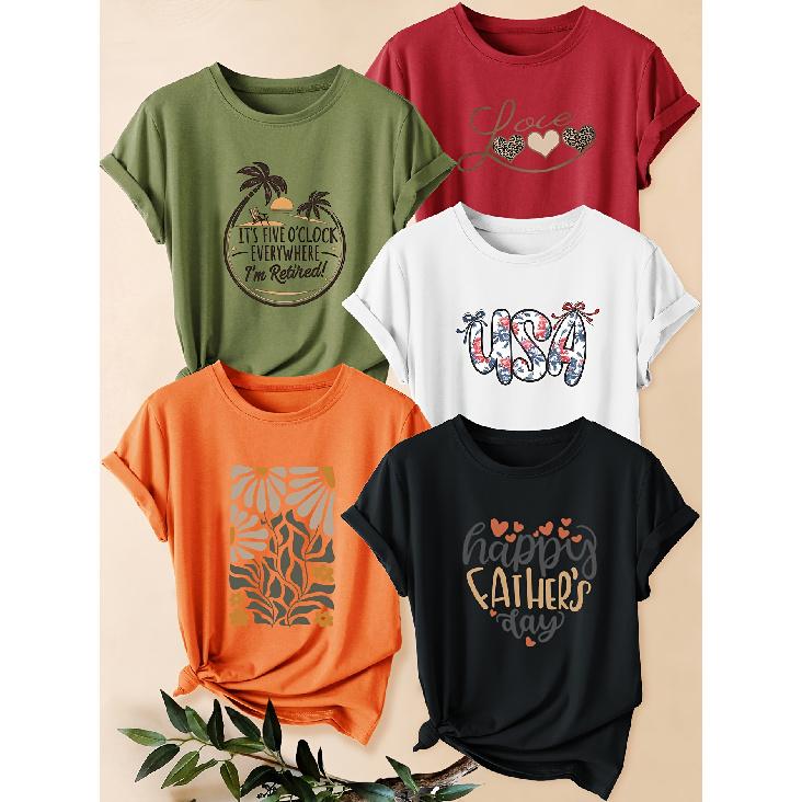 Five-piece set of women's short-sleeve shirts with letter and plant prints happy father day Coconut Tree Abstract Floral Print Round Neck Summer