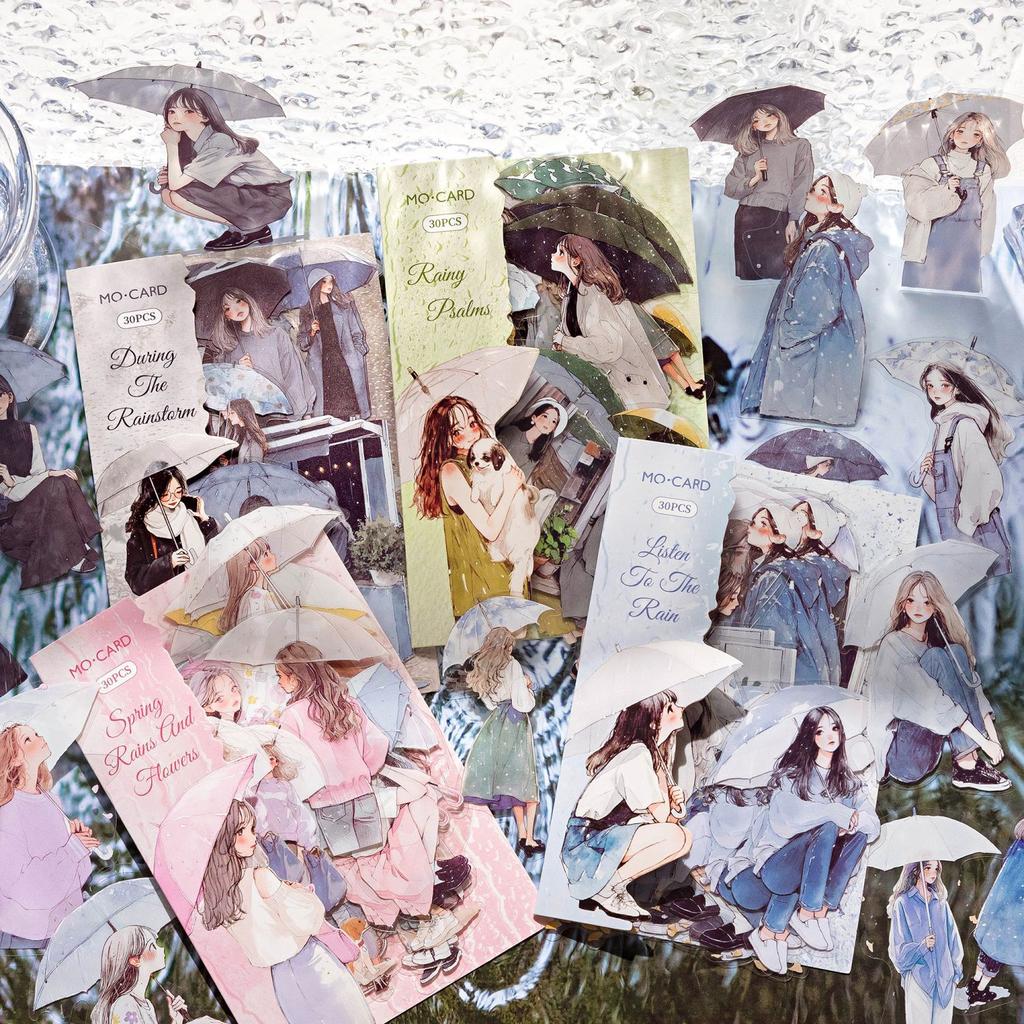 30 pcs The theme of the girl in the rain Stickers The girl with an umbrella Decorative Adhesive Diy Sticker pack