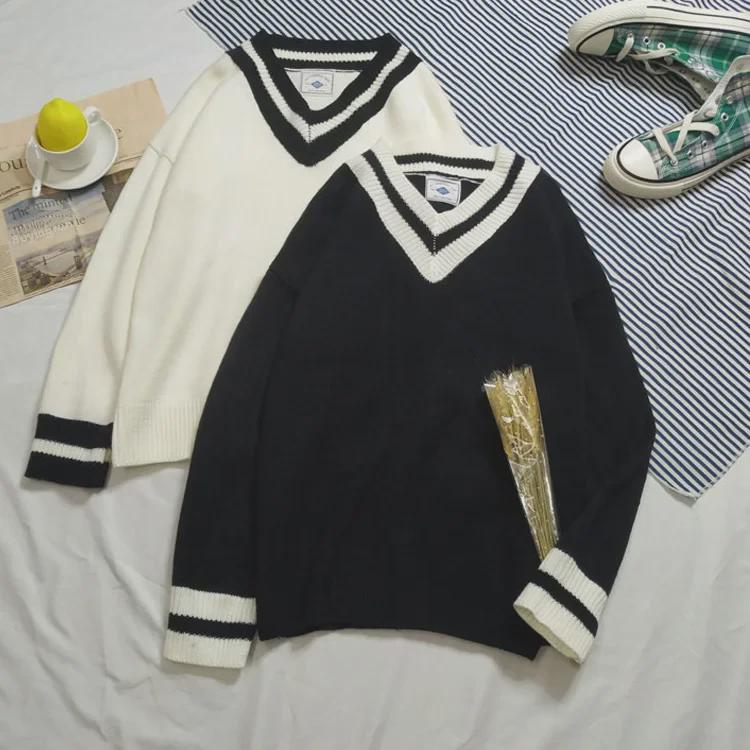 Мужской свитер в стиле колледжа с V-образным вырезом — модный корейский осенний трикотаж для пар и молодежи