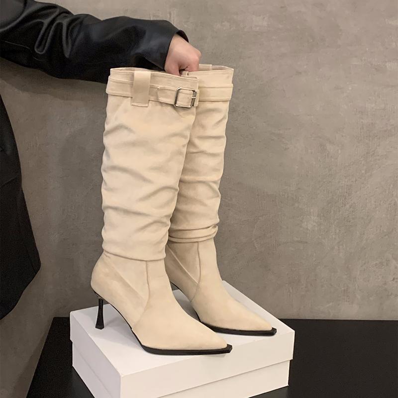 Острый носок на высоком каблуке женские эластичные сапоги до колена модные элегантные туфли для танцев осенние женские современные длинные сапоги