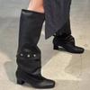 Vintage Pleated Autumn and Winter Women's Fashion Boots Sleeve Belt Buckle Women's Boots Round Head Flat Heel Women's Boots