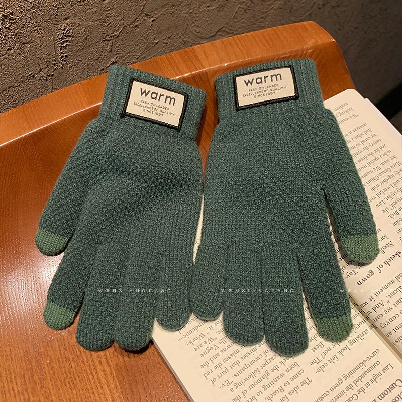 Зеленые вязаные шерстяные перчатки для женщин на зиму Корейская версия Утепленные Теплые Защита от холода для езды на велосипеде Пятипалые Сенсорные Пальцы Разделенные Пальцы Зимние