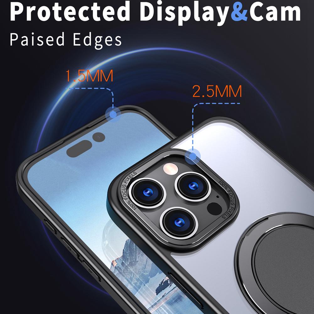 KEYSION Противоударный матовый чехол для MagSafe для iPhone 16 Pro Max с вращающимся на 360 ° магнитным кольцом-подставкой, прозрачная задняя крышка для телефона