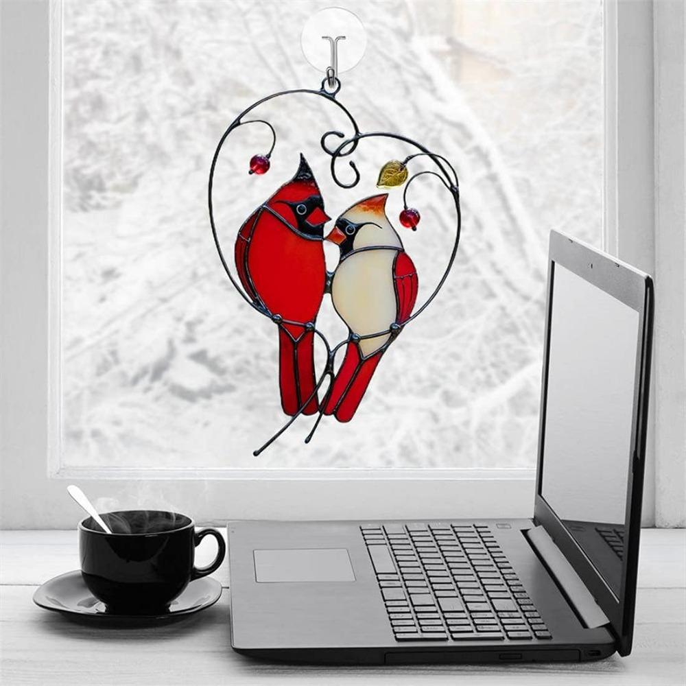 1 Pair Of Red Finch Birds Stained Glass Window Decorations Hanging Suncatchers For Home Window Decorations Car Decorations Gifts