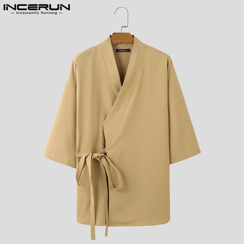 INCERUN Мужские топы с рукавами 3/4, свободные повседневные рубашки-кимоно со шнуровкой спереди