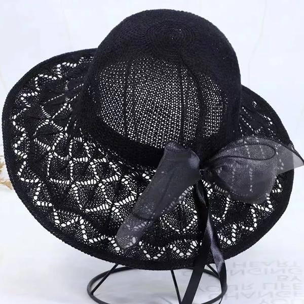 WTEMPO Lace Bow Female Solid Color Wide Brim Travel Beach Hollow-out Breathable Sun Hats Women's Spring Summer Foldable SunscreenHats