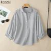 Women Turn Down Collar 3/4 Sleeve Loose Stripe Blouse