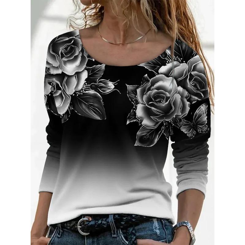 Spring and Autumn Round Neck Rose Pattern 3D Gradient Printed Top Fashionable Casual Long Sleeved Women's T-shirts
