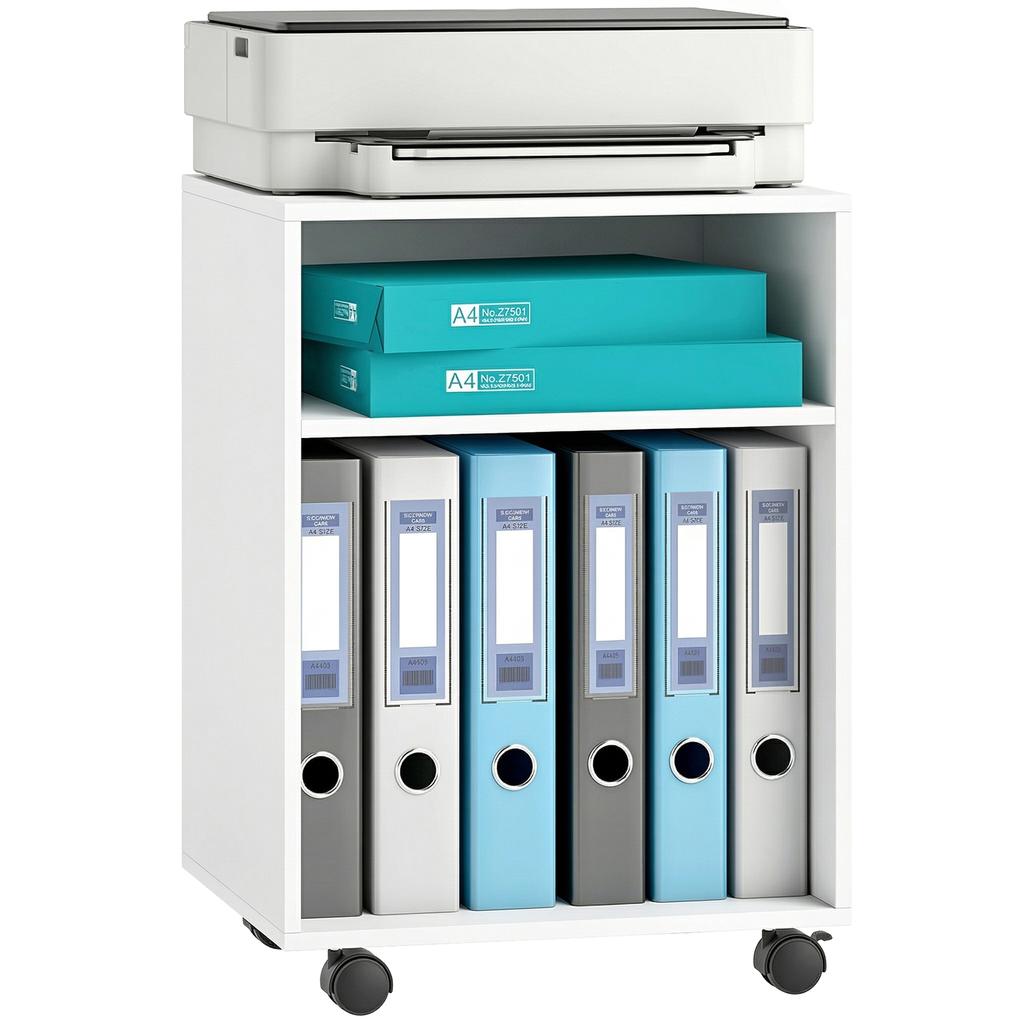 Printer Stand Printer Table with 2 Open Shelves, Lockable Casters for Office Home Fax Scanner 40 x 35 x 56 cm White